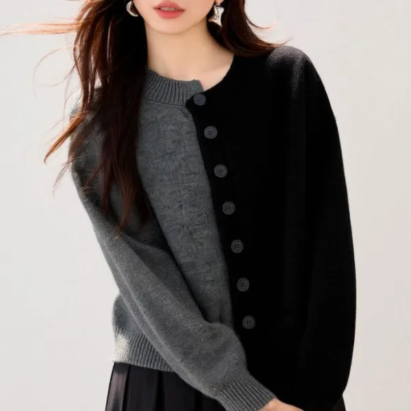 【全2色】ニットカーディガン長袖 ラウンドネック 切り替え | 着回し力抜群
