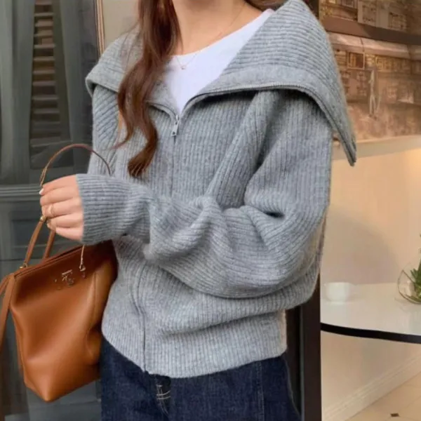 新発売！ファスナー無地ニット長袖折り襟シンプルカーディガン