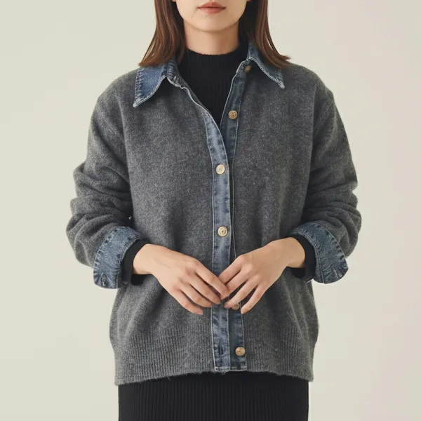 絶対欲しい長袖無地ボタン切り替え重ね着風フェミニンカーディガン