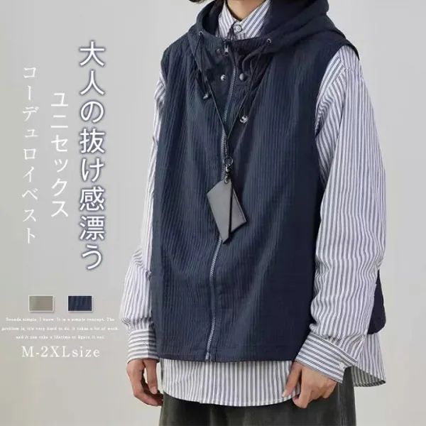 ベスト アウター コーデュロイ ジレ フード付き 男女兼用 レディース メンズ ノースリーブ ジャケット 重ね着 レイヤード 無地 カジュアル 通勤 OL オフイス ライトアウター 春 秋 トップス 前開き おしゃれ 上品 きれいめ ゆったり 体型カバー 30代 40代 送料無料