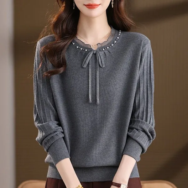 【全5色】ニットセータービーズ無地レース長袖ラウンドネック | 存在感抜群