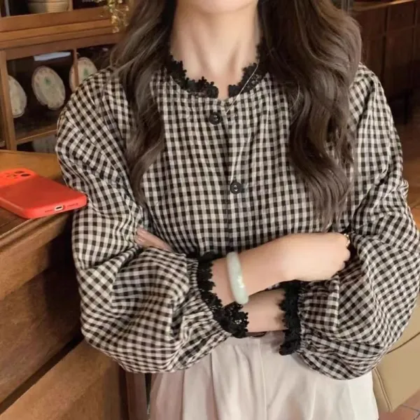 シャツシングルブレストラウンドネックチェック柄長袖 | 存在感抜群