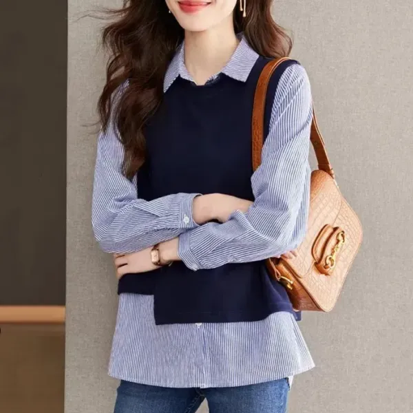 シャツニット切り替えストライプ柄長袖折り襟 | 大人女子必見