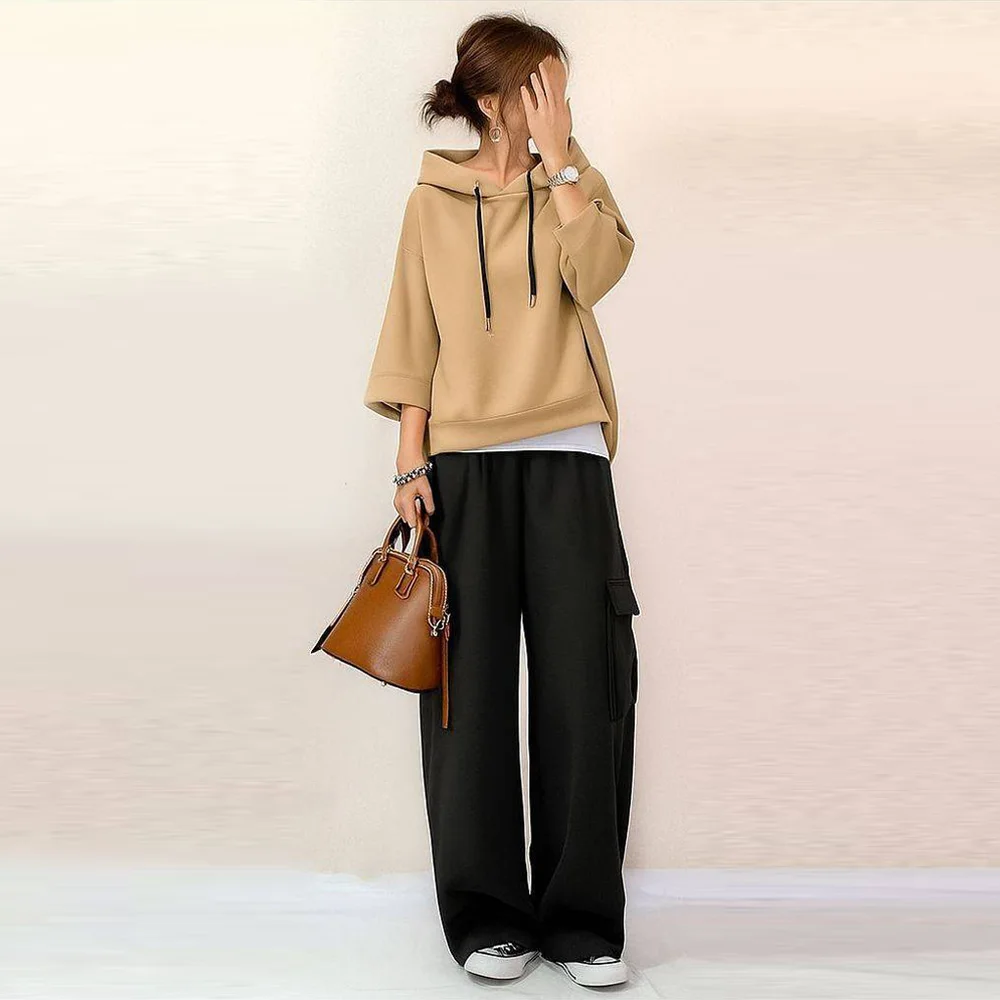 ライトキャメル/トップス+ブラック/パンツ/2点セット