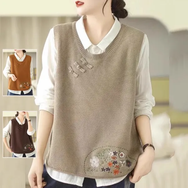 無地  ベスト  ニット  タンクトップ  ノースリーブ  クルーネック  プルオーバー  春  なし  レトロ  刺繍  レディース
