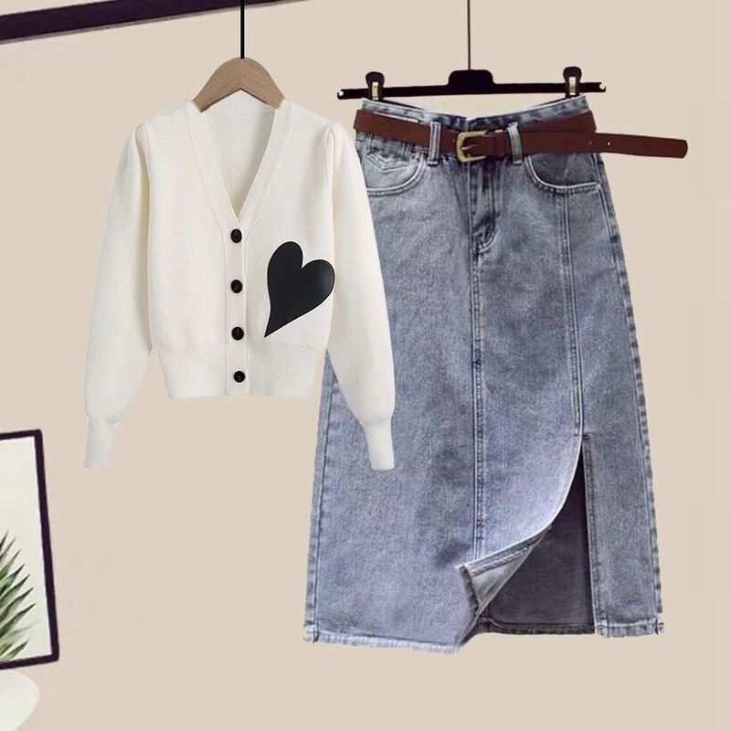 デニムスカート + ホワイトニット【2点セット】