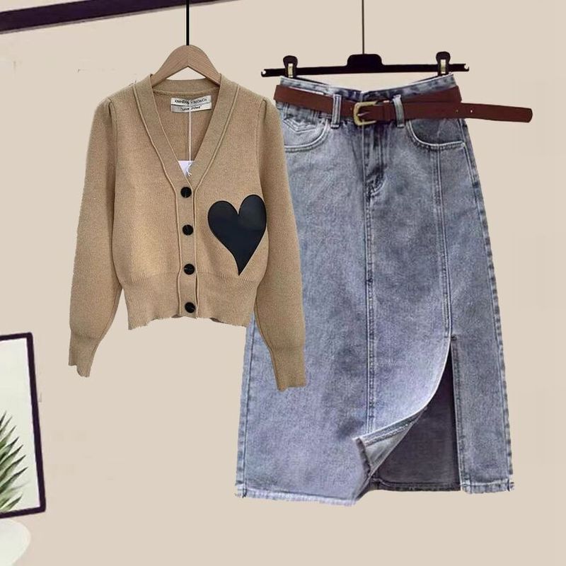 デニムスカート + カーキニット【2点セット】