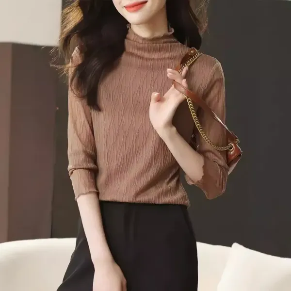 【全2色】Tシャツ長袖トップスレースプルオーバーハーフネック無地 | 女っぽさが漂う