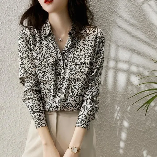 シフォンシャツヒョウ柄プリントシングルブレスト折り襟 | ファッション感満々