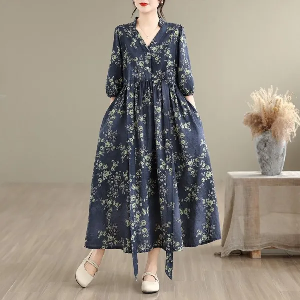 花柄ワンピースVネックボタン七分袖コーディネート自在 |『大人が着たいアイテム』