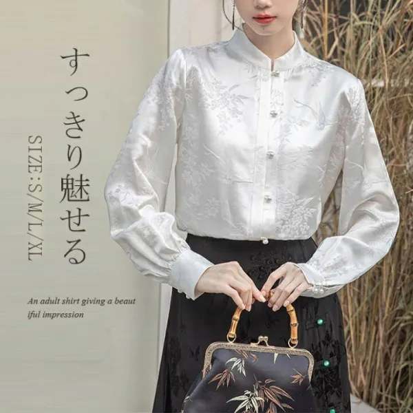 ブラウス シャツ トップス 長袖シャツ レディース チャイナ風 春 長袖 白シャツ ホワイトシャツ 花柄 ショート丈 シャツブラウス スタンドカラー アウター 長袖 チャイナシャツ 大きいサイズ 前開け ボタン留め 高級感 お洒落 フォーマル 綺麗め 通勤 エレガント 送料無料