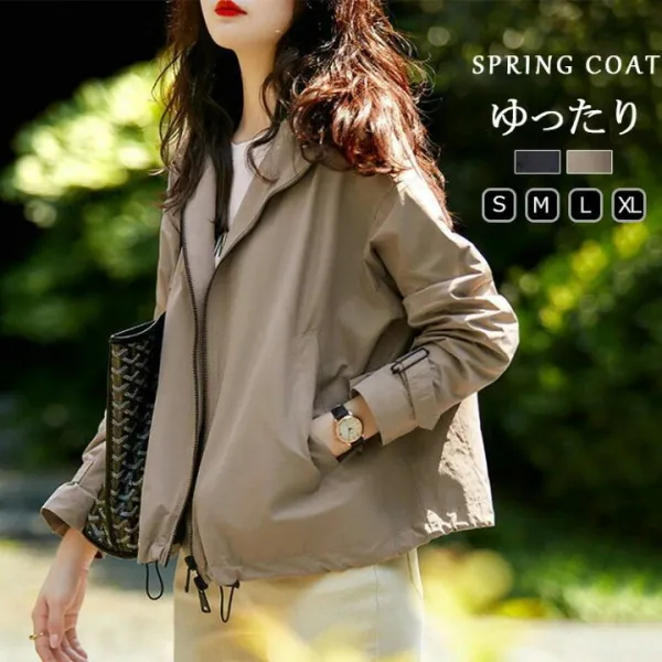コート 春 レディース ジャケット アウター パーカー 秋 春 トレンチコート 大きいサイズ ショート丈 スプリングコート ドロップショルダー フード付き ダブルファスナー 羽織 ポケット フード ショート丈ジャケット