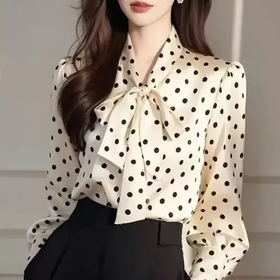 シフォンシャツリボンカラードット柄長袖通勤/OL