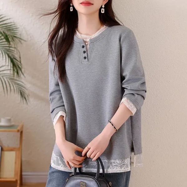 スウェット長袖無地重ね着風レースボタン｜ファッション感満々