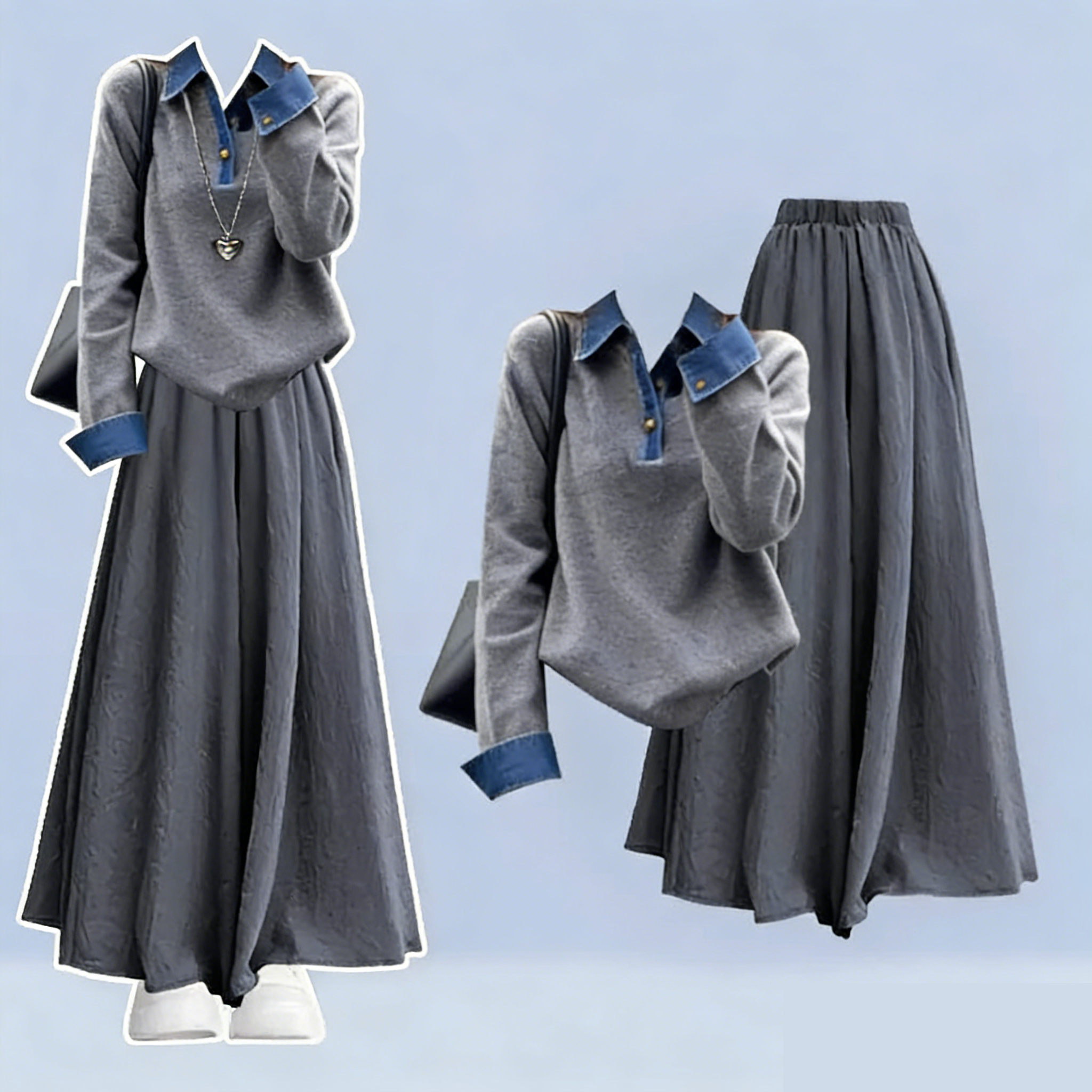 グレー/セーター + グレー/スカートパンツ【2点セット】