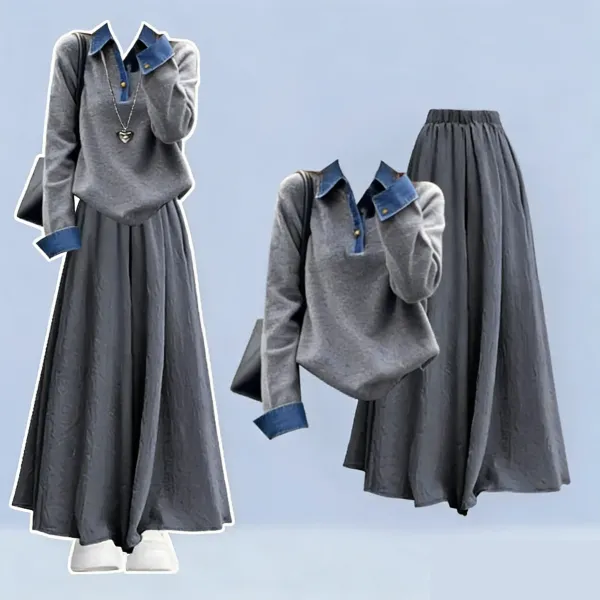 単品可2点セット｜長袖配色ラウンドネック切り替えトップス+パンツ | 人気商品再入荷