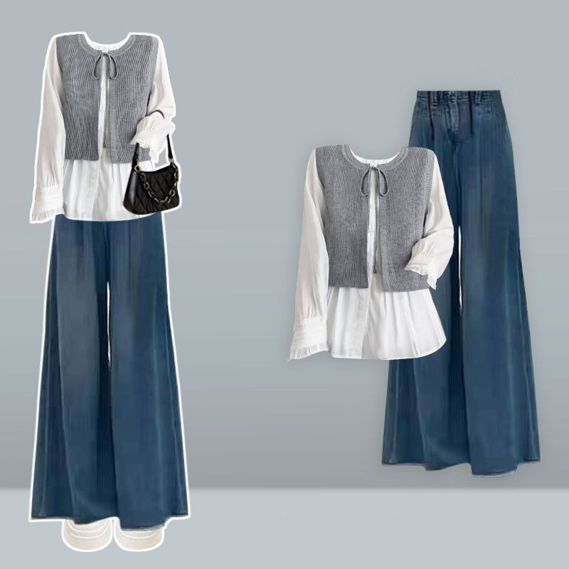 フェイクツーピースシャツ + ブルーデニムパンツ【2点セット】