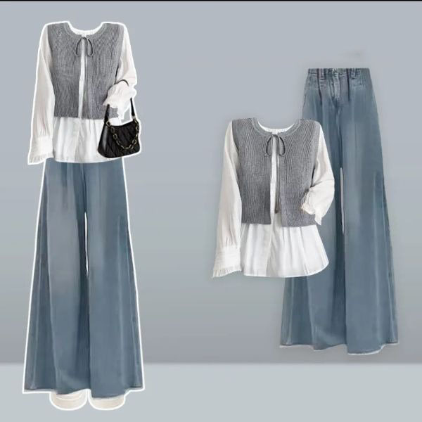 フェイクツーピースシャツ + ライトブルーデニムパンツ【2点セット】