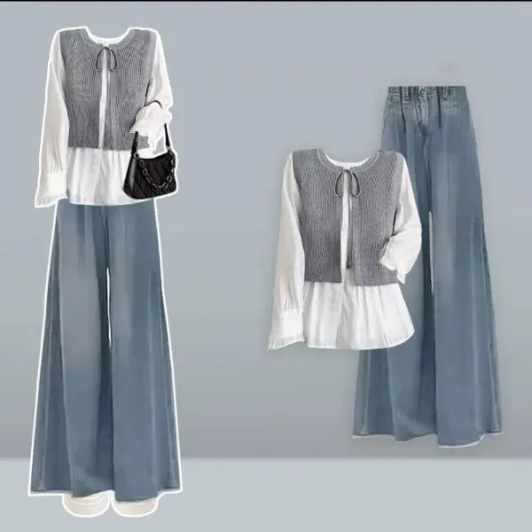 【全2色】単品可2点セット｜無地ボタン重ね着風長袖切り替えトップス+パンツ | 新商品をピックアップ！