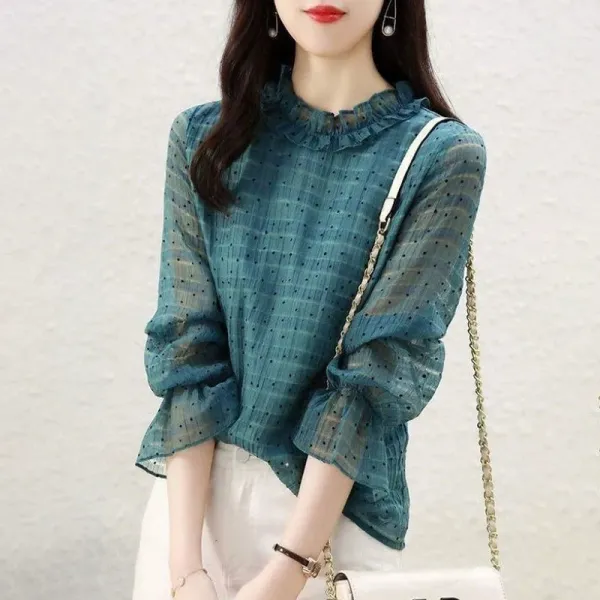 ドット  スピーカースリーブ  シフォン  ブラウス  プリント  スリムに見える  ゆったり  インナー  新作  レディース