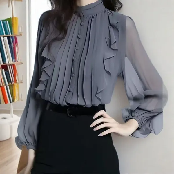 シャツ  シフォン  長袖  スタンドネック  フリル  秋  春秋  高級  おしゃれ / ファッション  フレンチスタイル  レディース  高級感