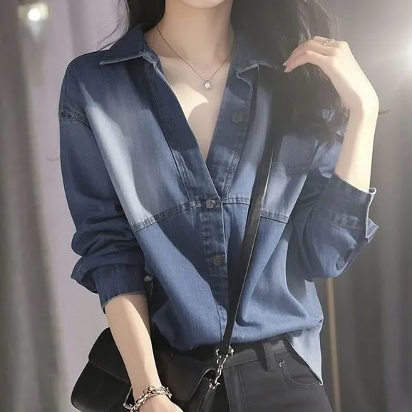 新品登場☆オススメ無地長袖折り襟ボタンデニムカジュアルシャツ