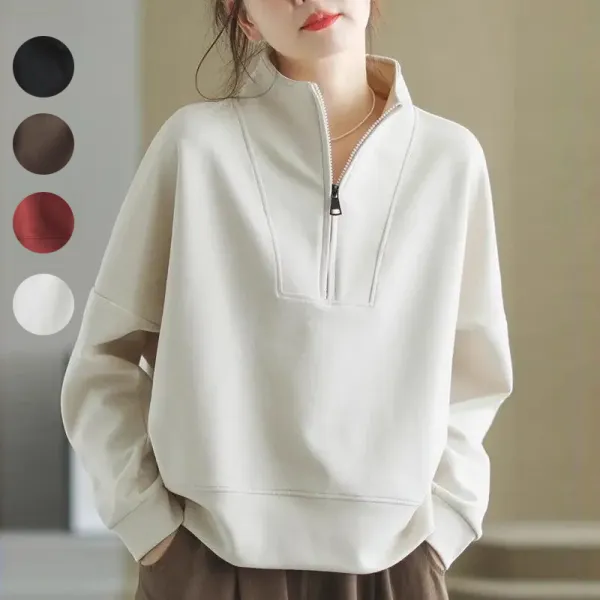 スウェット無地ハーフジップ長袖スタンドネック|目を引き