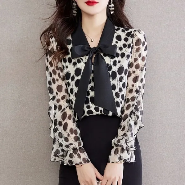 好印象MAX♡ 長袖 Vネック 通勤 リボン結び ドット柄 エレガント シャツ