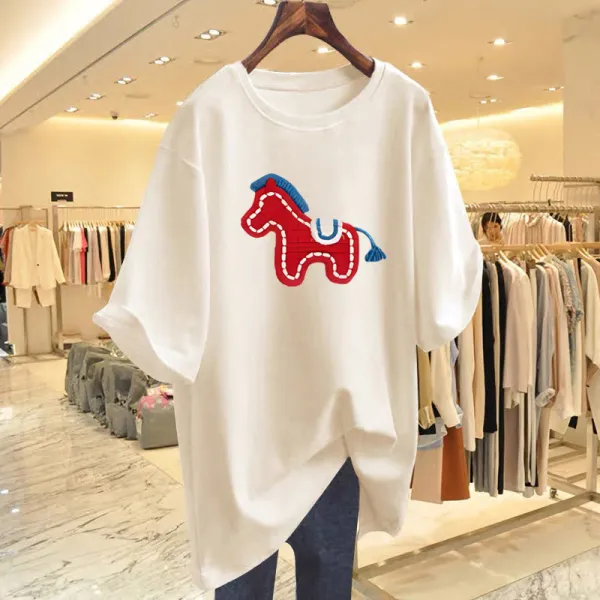 【全7色】Tシャツラウンドネック中長カートゥーン｜ゆったり可愛い体型カバー