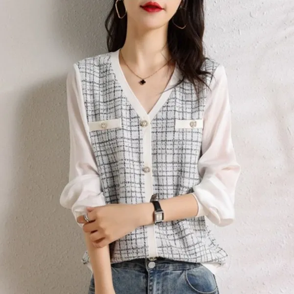 シャツシフォンシャツチェック柄Vネック切り替え長袖 | ファッション感満々