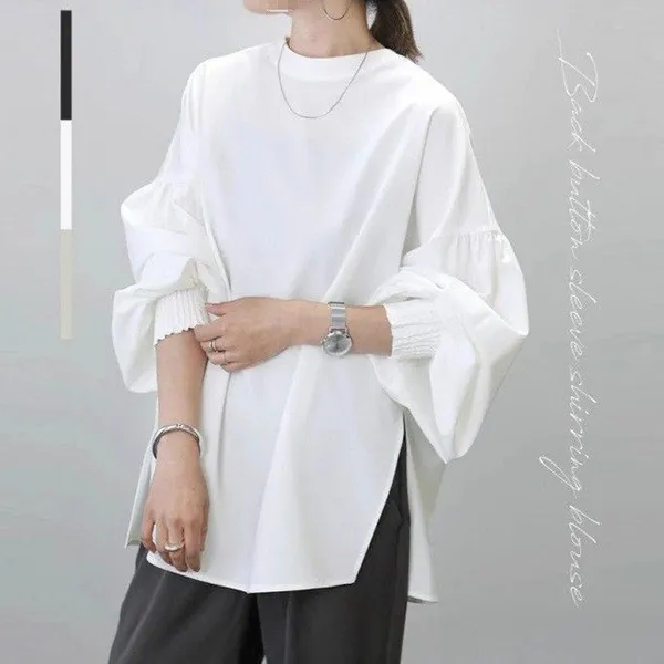 【全3色】ブラウス長袖プルオーバーランタンスリーブラウンドネック | 売れ筋