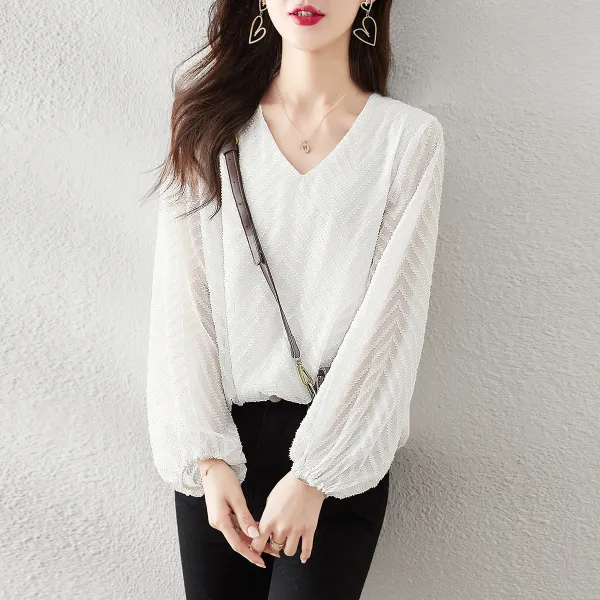 シャツ Vネック無地ランタンスリーブプルオーバー  | 人気新作
