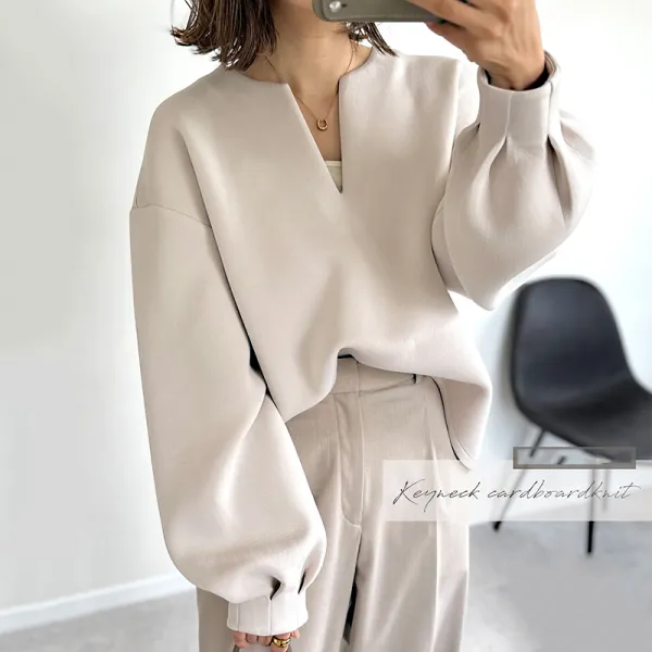 目を奪われる 長袖 シンプル 無地 Vネック カジュアル プルオーバー ギャザー スウェット