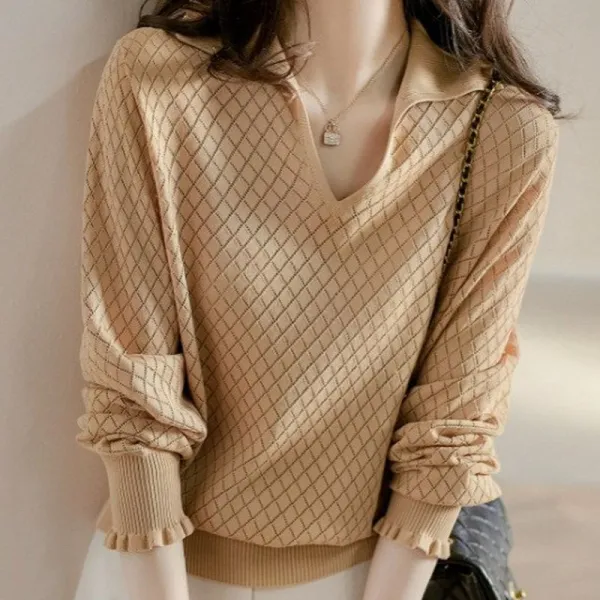 【全3色】Tシャツ折り襟無地長袖Vネック透かし彫り | 話題沸騰中