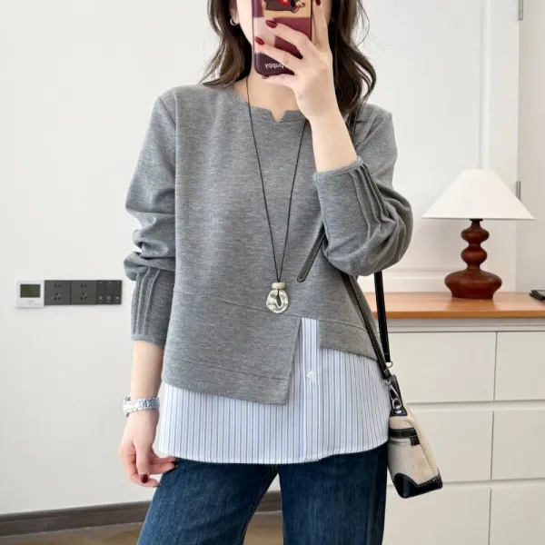 【全2色】スウェットパーカー長袖トップス重ね着風ラウンドネックイレギュラー切り替え長袖 | 着回し力抜群