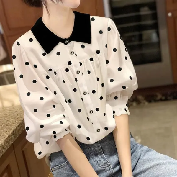 新品登場☆オススメ 七分袖 ランタンスリーブ ドット柄 折り襟 プリント ファッション シャツ