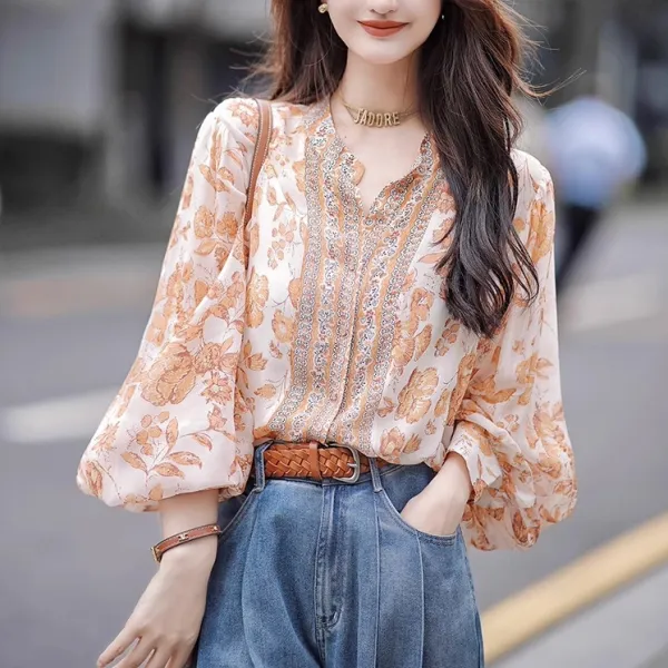 大人のお洒落をキャッチ! プリント ランタンスリーブ 長袖 花柄 Vネック ファッション シャツ