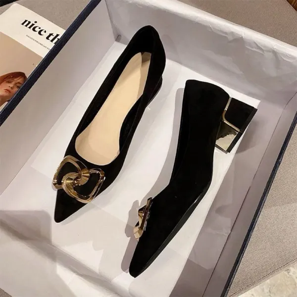 大人可愛い フラットシューズ 無地 PU ラバー 金属飾り ハイヒールパンプス