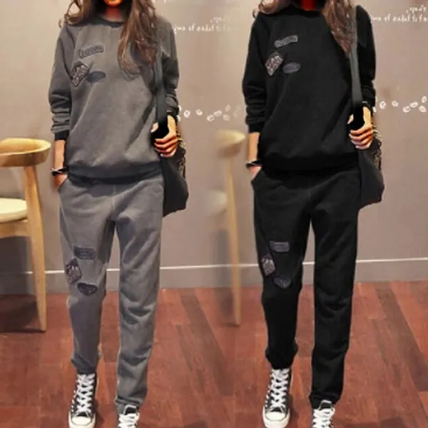 二点セット合わせやすいゆるい体型カバー無地長袖ラウンドネックパーカー+パンツセットアップ