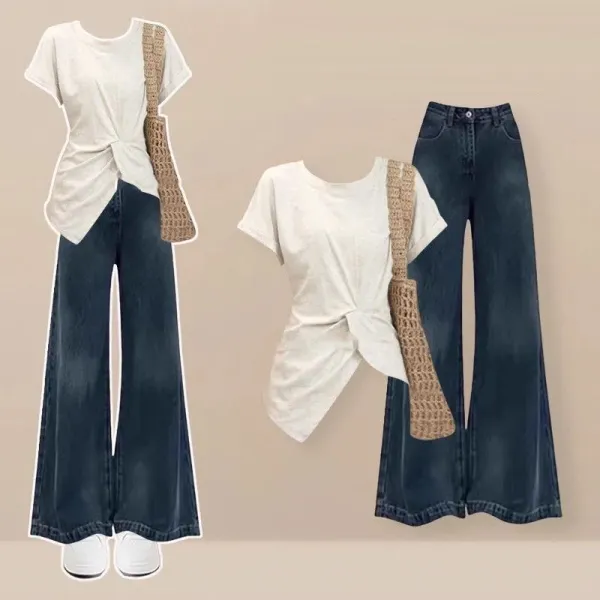 単品可2点セット｜無地ラウンドネックトップス＋パンツ｜着痩せ可愛い