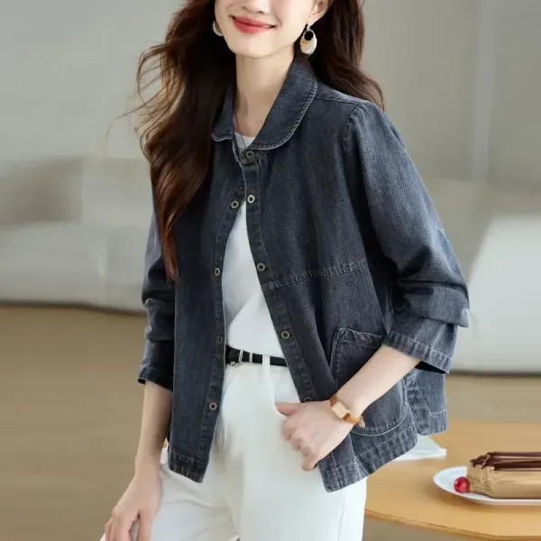 デニムジャケット長袖無地折り襟ボタンポケット付き | 組み合わせ自由