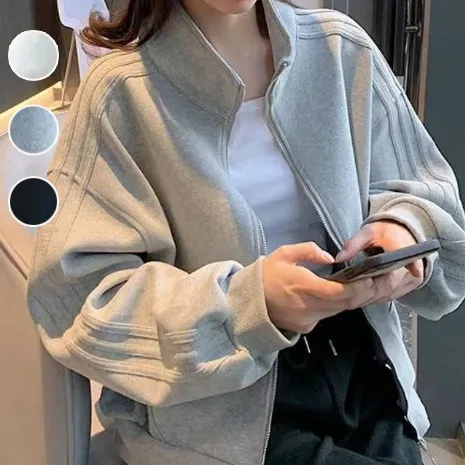 【全3色】カーディガンジッパーショート丈スタンドネック 防寒 カジュアル ジャケット｜ゆったり