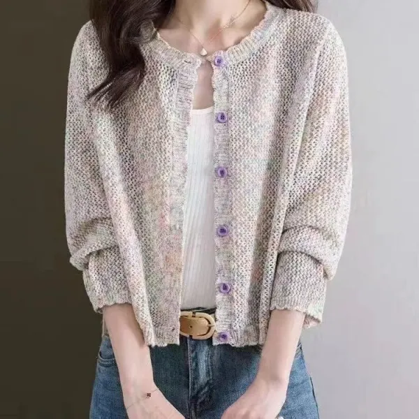 ins超人気 長袖 ラウンドネック 透かし編み 配色 UVカット シンプル カーディガン ブラック 黑 ホワイト 白