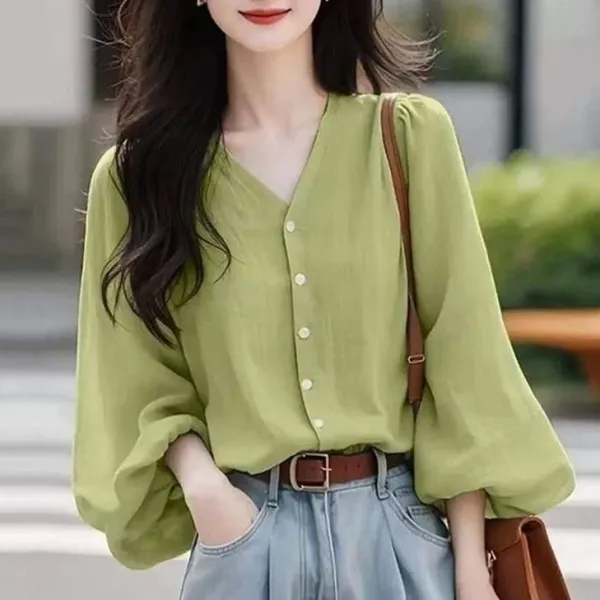 【全3色】ブラウスシングルブレストVネックランタンスリーブ | 売れ筋