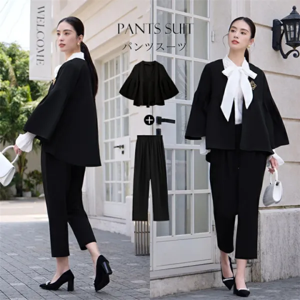 パンツスーツ レディース セレモニースーツ 入学式 ママスーツ 卒業式 スーツ 母 ノーカラージャケット 入園式 卒園式 ビジネススーツ 服装 母親 フォマールスーツ 結婚式 セットアップ 大きいサイズ おしゃれ 無地 シンプル 黒