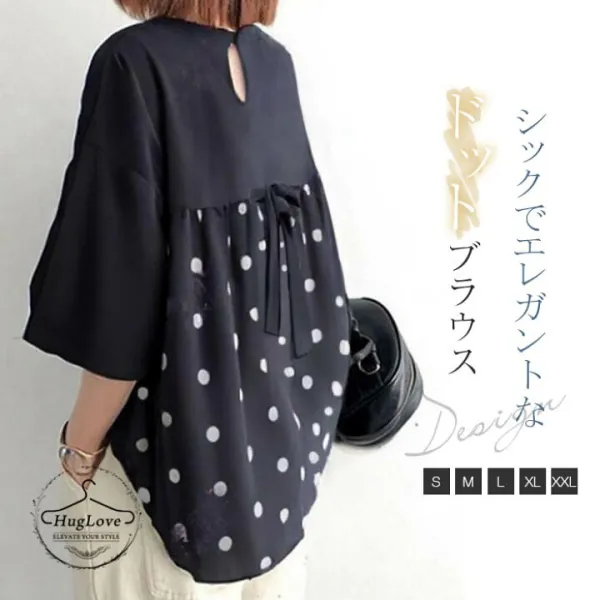 ドット ｔシャツ レディース ブラウス チュニックブラウス チュニック 半袖シャツ トップス プルオーバー 水玉柄 クルーネック 大人可愛い 森ガール キレイめ カジュアル 通勤 大きいサイズ ゆったり エレガント 春 夏 秋