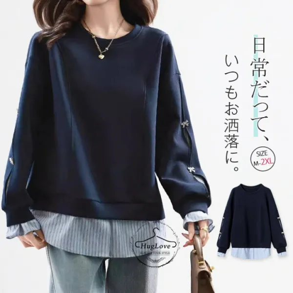 プルオーバー レディース おしゃれ 秋冬 長袖 パーカー デザイン Tシャツ 袖デザイン カットソー 異素材 トップス 切り替え 大きいサイズ ロンT Aライン 体型カバー ストライプ お洒落 大人可愛い 森ガール きれいめ 春 秋 冬