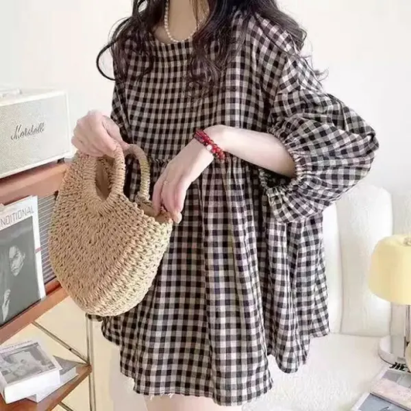 チュニック レディース 春 トップス Tシャツ ギンガムチェック 綿麻風 長袖 大きいサイズ チュニックワンピ ブラウス シャツブラウス ミドル丈 プルオーバー フレア ゆったり 体型カバー 着痩せ オシャレ きれいめ 大人可愛い 春 夏 秋 送料無料