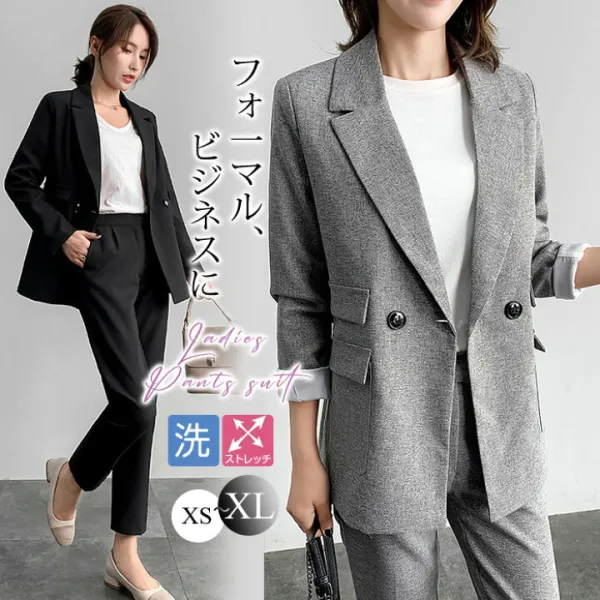 スーツ レディース セットアップ フォーマル パンツスーツ 大きいサイズ 2点セット 後ろウエストゴム 入学式 卒業式 ジャケット パンツ ロング 黒 ブラック 長袖 無地 シンプル ビジネス オフィス 通勤 ママスーツ 入園式 卒園式  XS S-LL