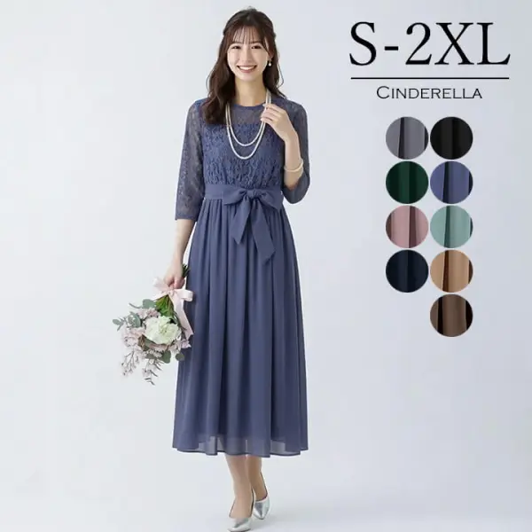 レース  ワンピース  切り替え  シルク  五分袖  シフォン  ロングワンピース  エレガント  クルーネック  普通  気質  日本風